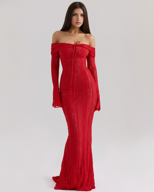 Vestido largo de encaje con escote bardot rojo