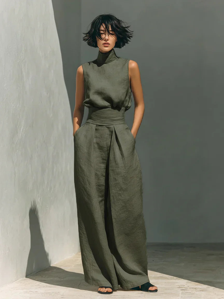Julieta — Conjunto de lino beige con top sin mangas y pantalón ancho