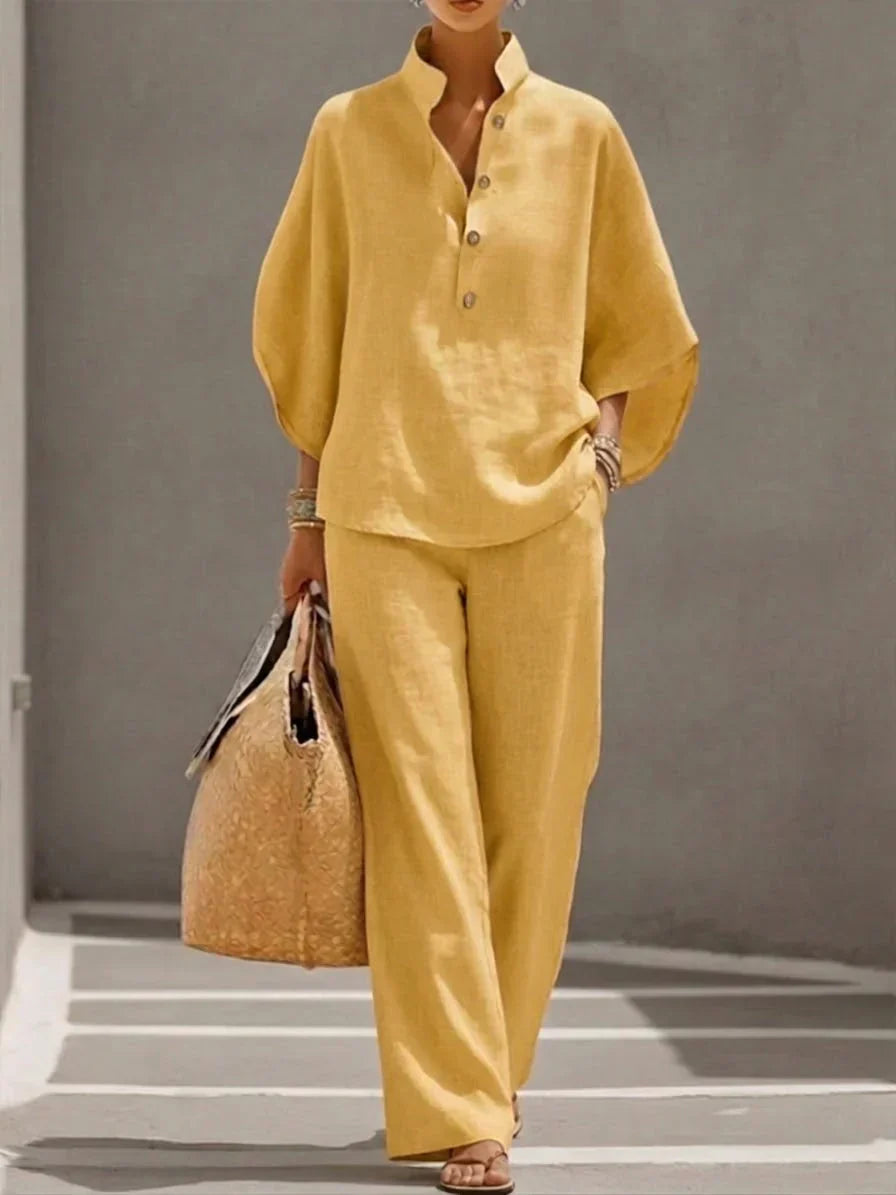 Sofía | Conjunto de lino con mangas de murciélago y pantalones anchos