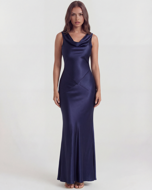Vestido largo satinado con drapeado lateral
