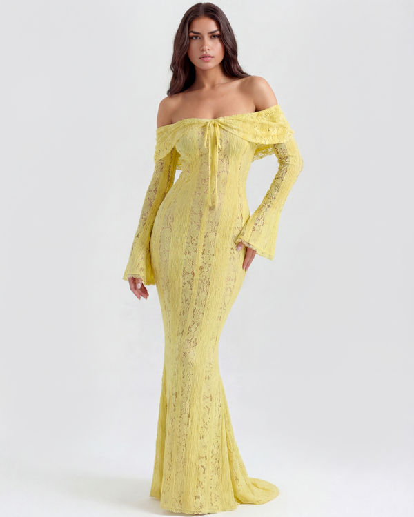 Vestido largo de encaje con escote bardot amarillo