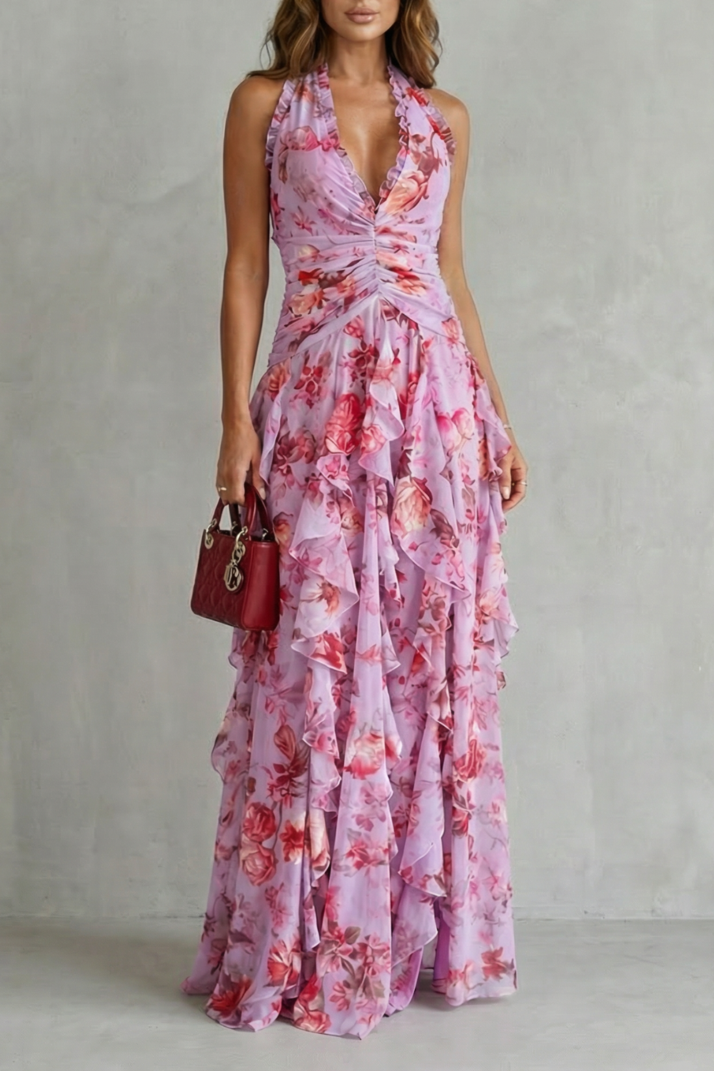 Belladina | Vestido largo romántico Cascada de Rosas con cuello halter