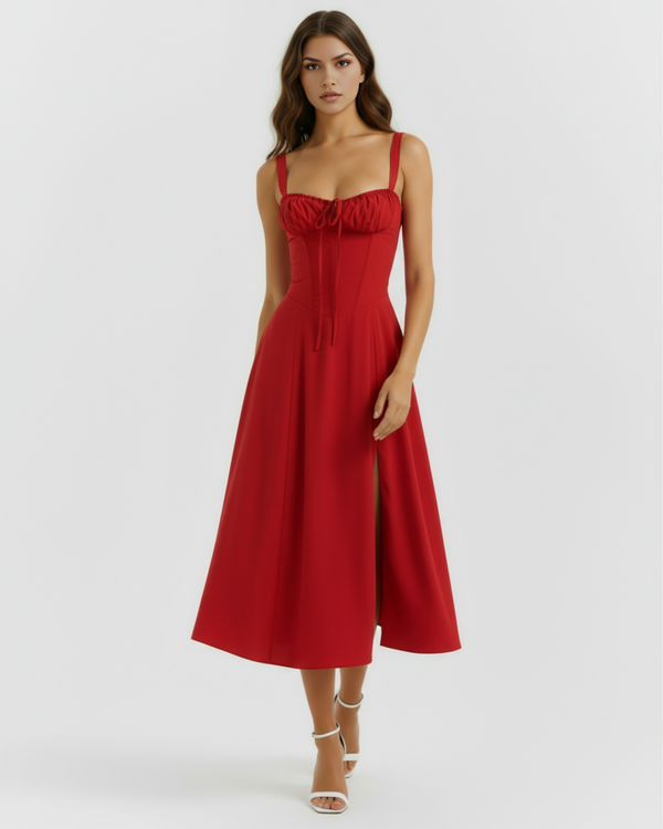 Vestido midi con corsé y abertura