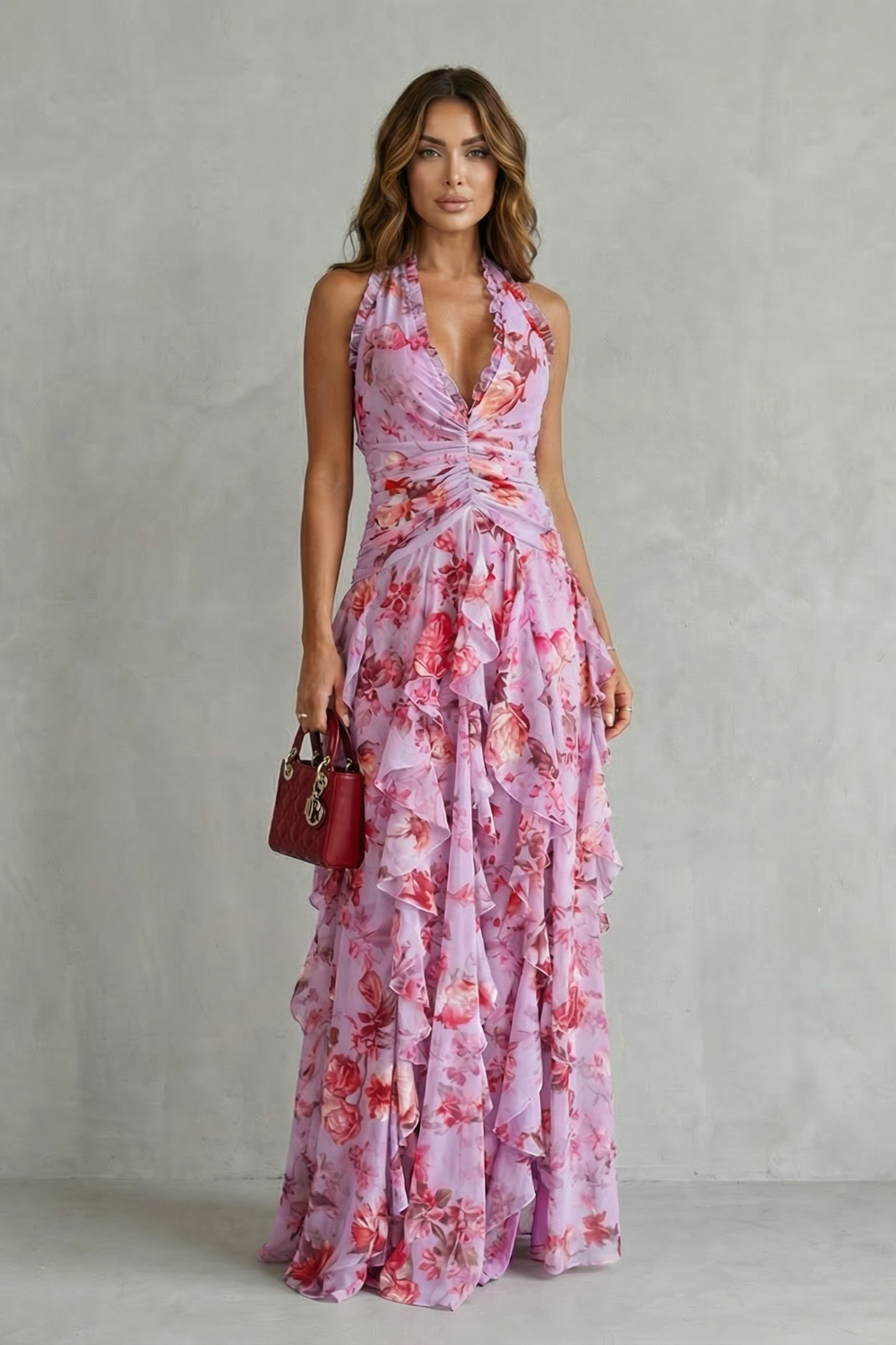 Belladina | Vestido largo romántico Cascada de Rosas con cuello halter