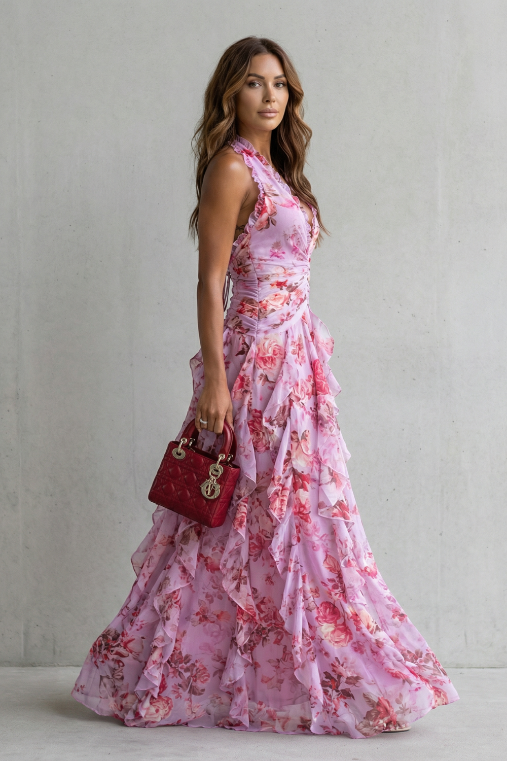 Belladina | Vestido largo romántico Cascada de Rosas con cuello halter