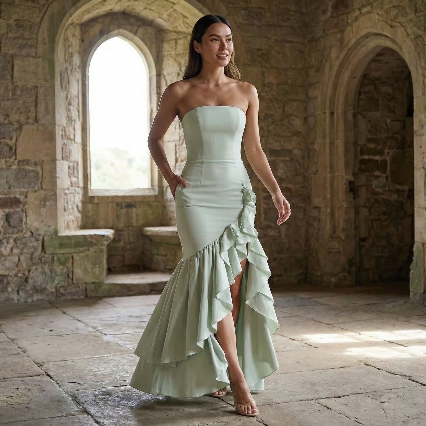 Xyrelle — Vestido largo sin mangas con abertura y volantes