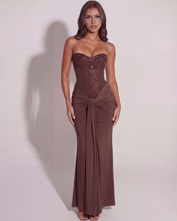Vestido largo con corsé brillante