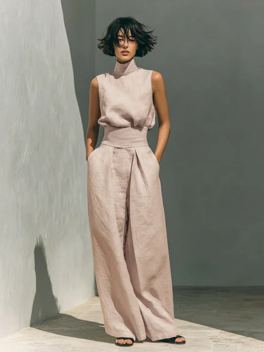 Julieta — Conjunto de lino beige con top sin mangas y pantalón ancho
