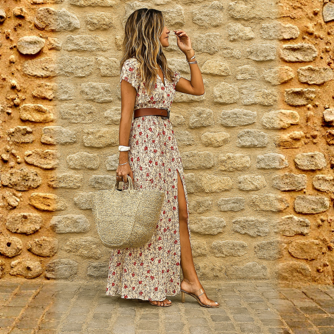 Juncal — Vestido largo bohemio con tejido vaporoso y cinturón
