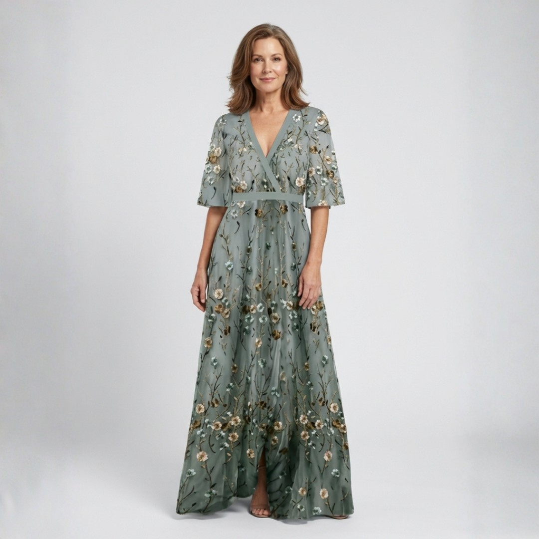 Melina — Vestido largo floral con cuello de pico