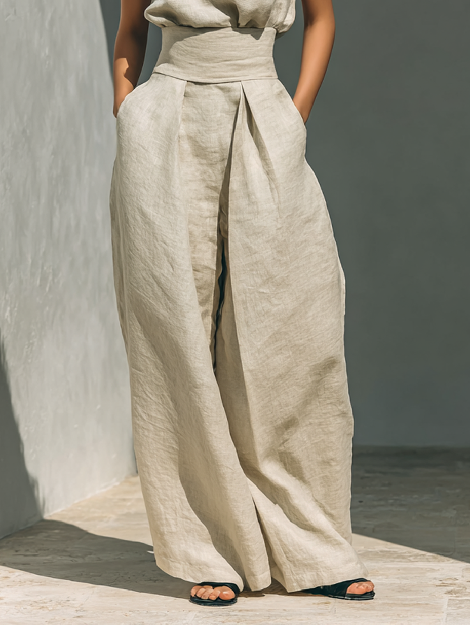 Julieta — Conjunto de lino beige con top sin mangas y pantalón ancho