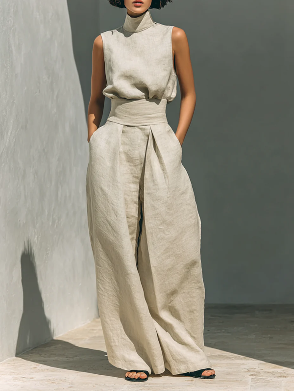 Conjunto de lino beige con pantalón ancho