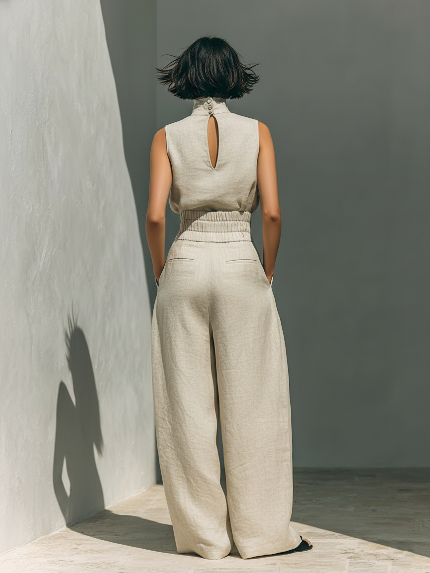 Julieta — Conjunto de lino beige con top sin mangas y pantalón ancho
