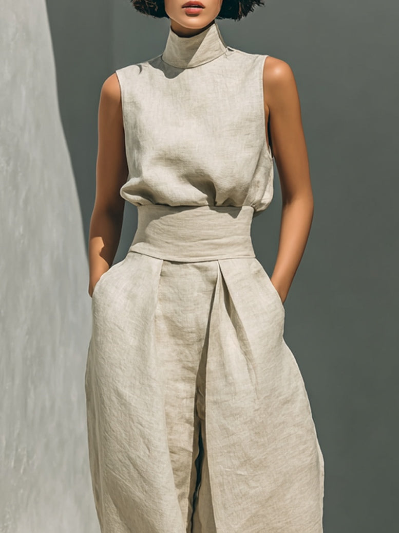 Julieta — Conjunto de lino beige con top sin mangas y pantalón ancho