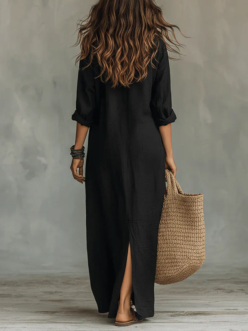 Celina | Vestido largo negro holgado con botones