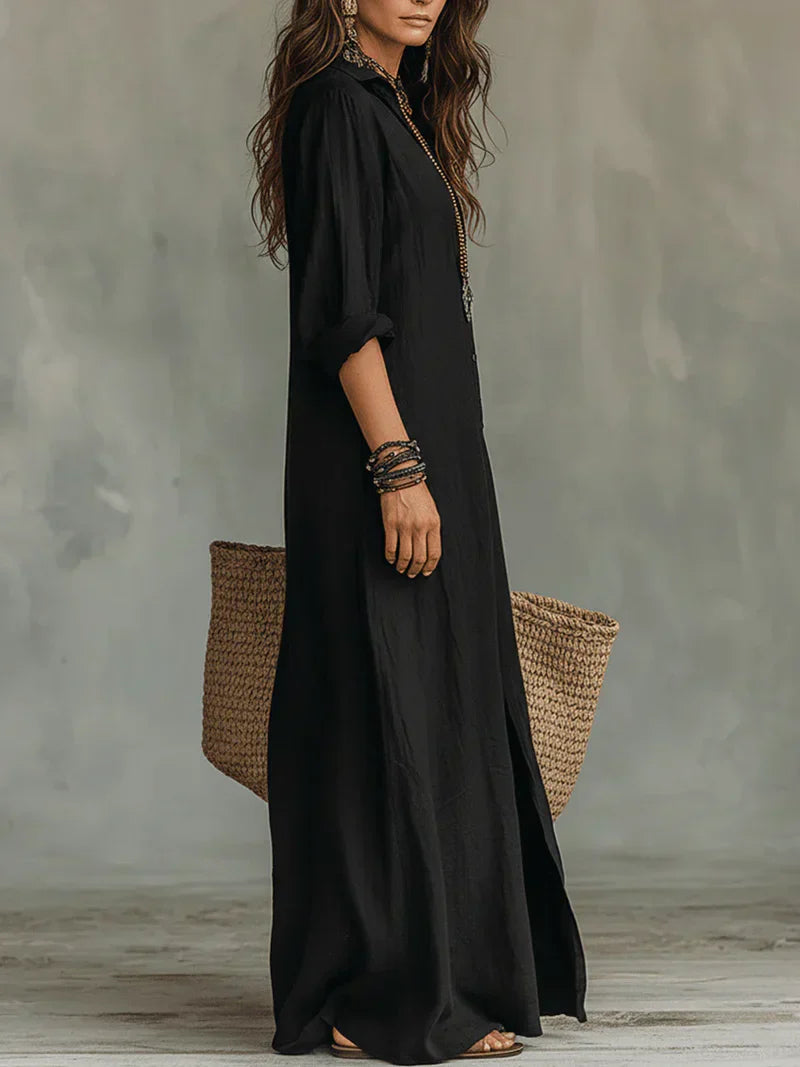 Celina | Vestido largo negro holgado con botones