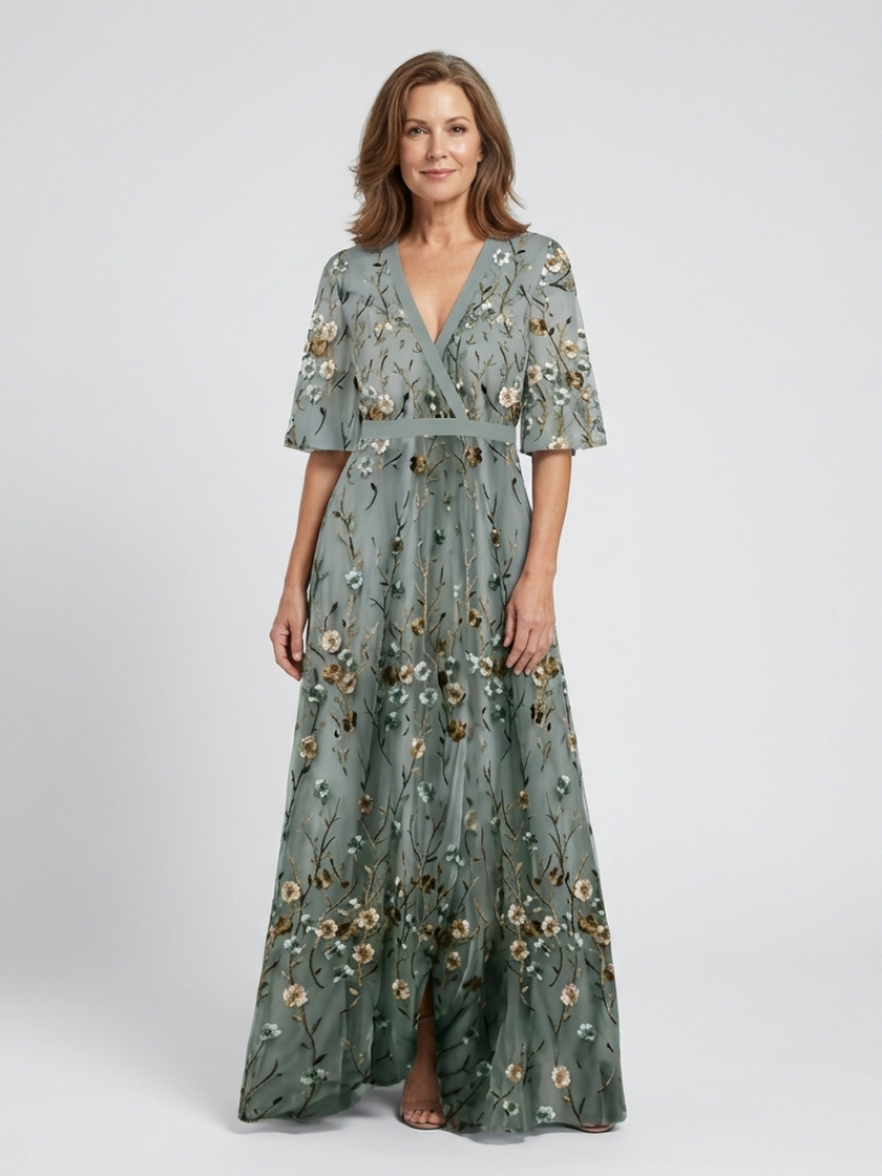 Melina — Vestido largo floral con cuello de pico