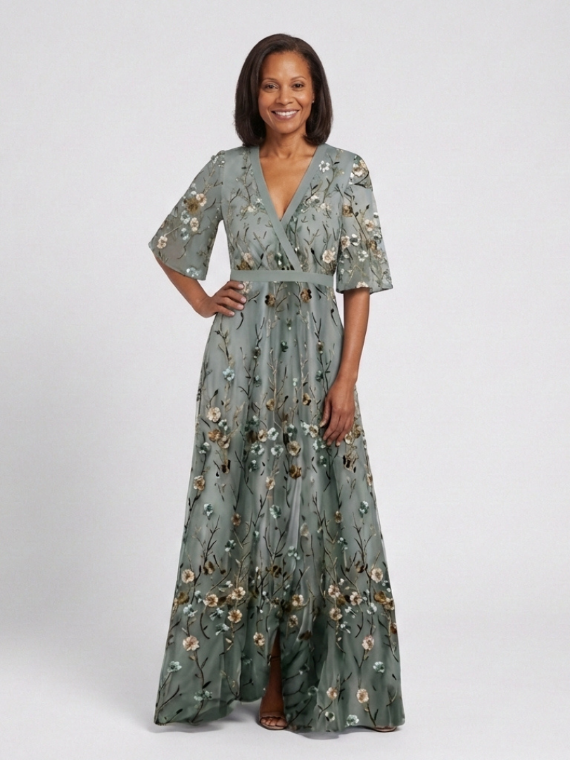 Melina — Vestido largo floral con cuello de pico