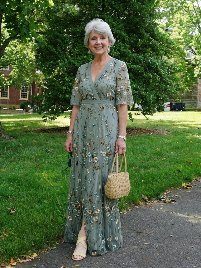 Melina — Vestido largo floral con cuello de pico