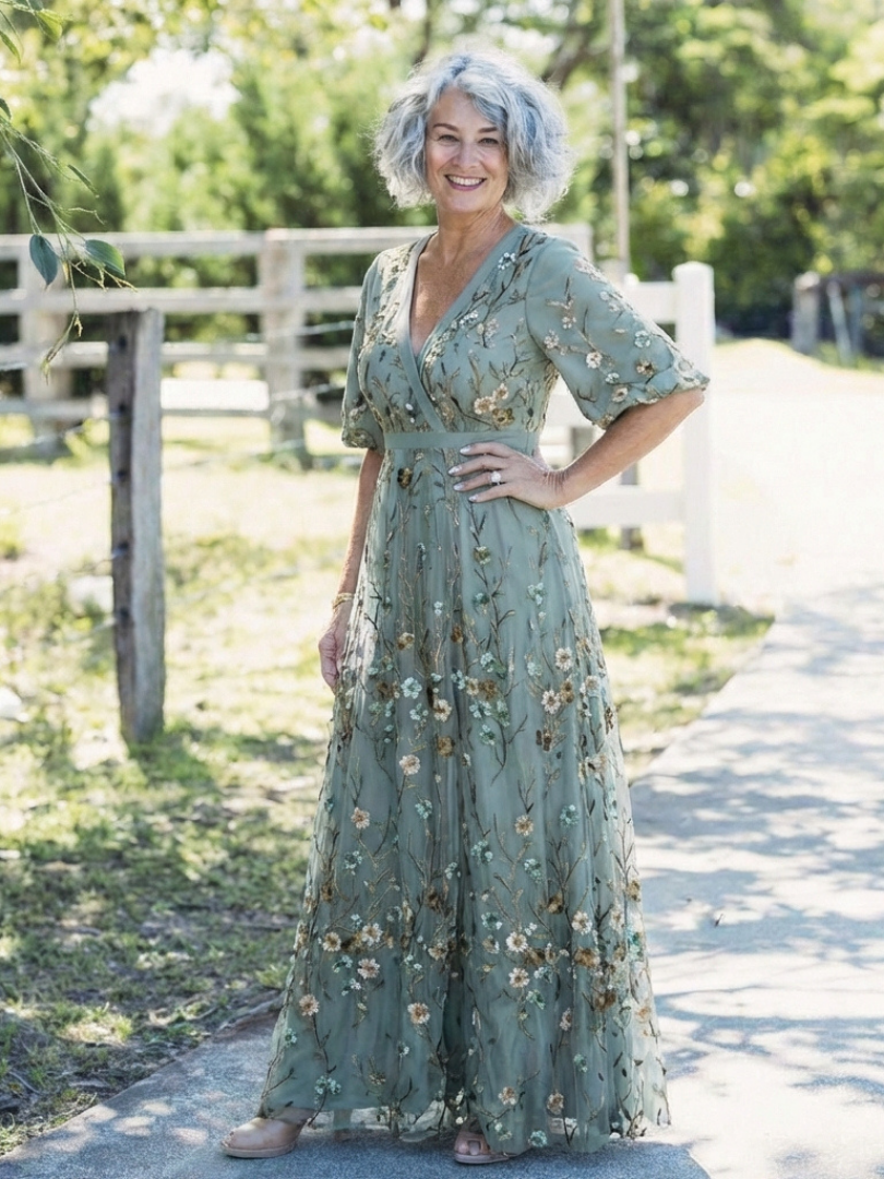 Melina — Vestido largo floral con cuello de pico