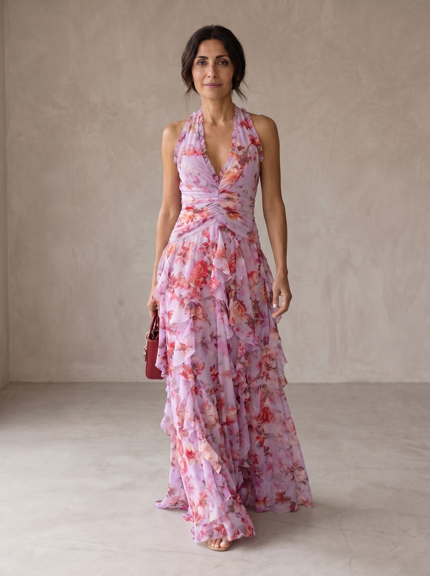 Belladina | Vestido largo romántico Cascada de Rosas con cuello halter