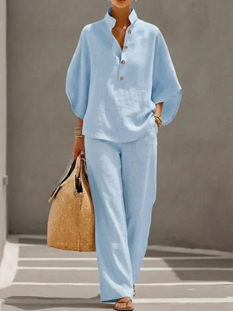 Sofía | Conjunto de lino con mangas de murciélago y pantalones anchos