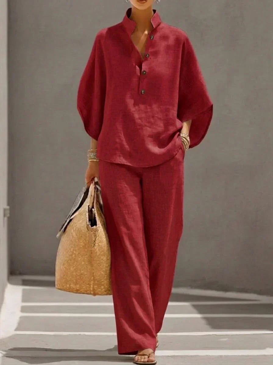 Sofía | Conjunto de lino con mangas de murciélago y pantalones anchos