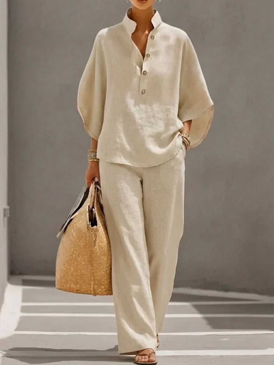 Sofía | Conjunto de lino con mangas de murciélago y pantalones anchos