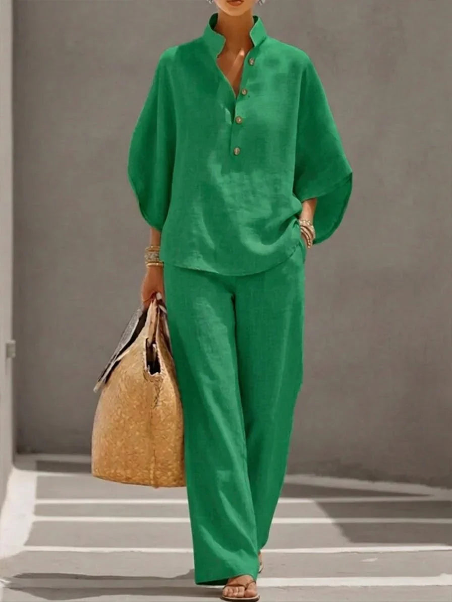 Sofía | Conjunto de lino con mangas de murciélago y pantalones anchos