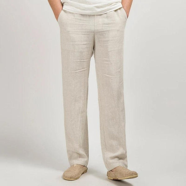 Pantalón de lino de pierna recta con cintura elástica