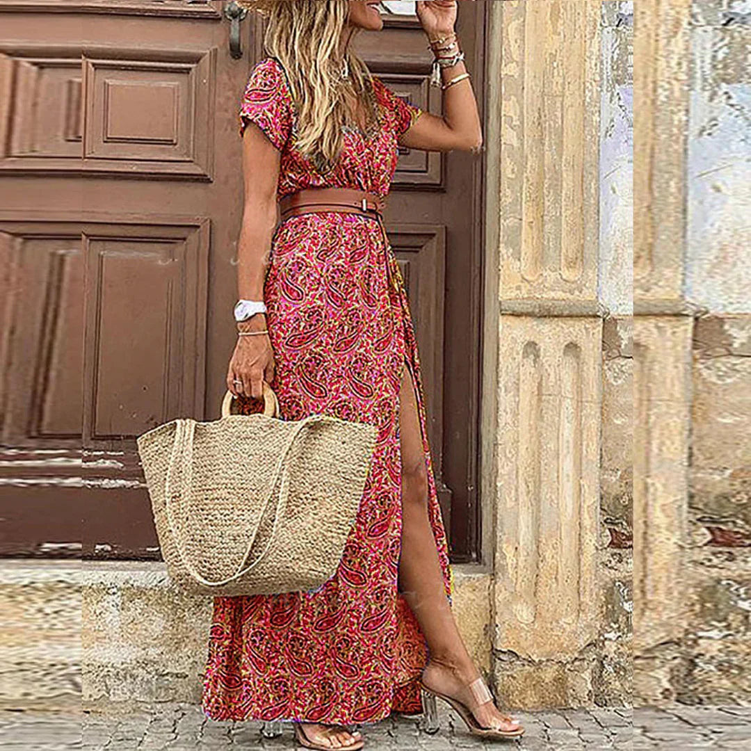 Juncal — Vestido largo bohemio con tejido vaporoso y cinturón